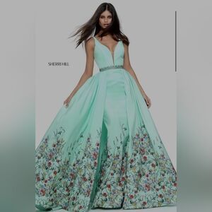 Sherri hill prom Garden Floral Overskirt Cape pageant gown dress 4